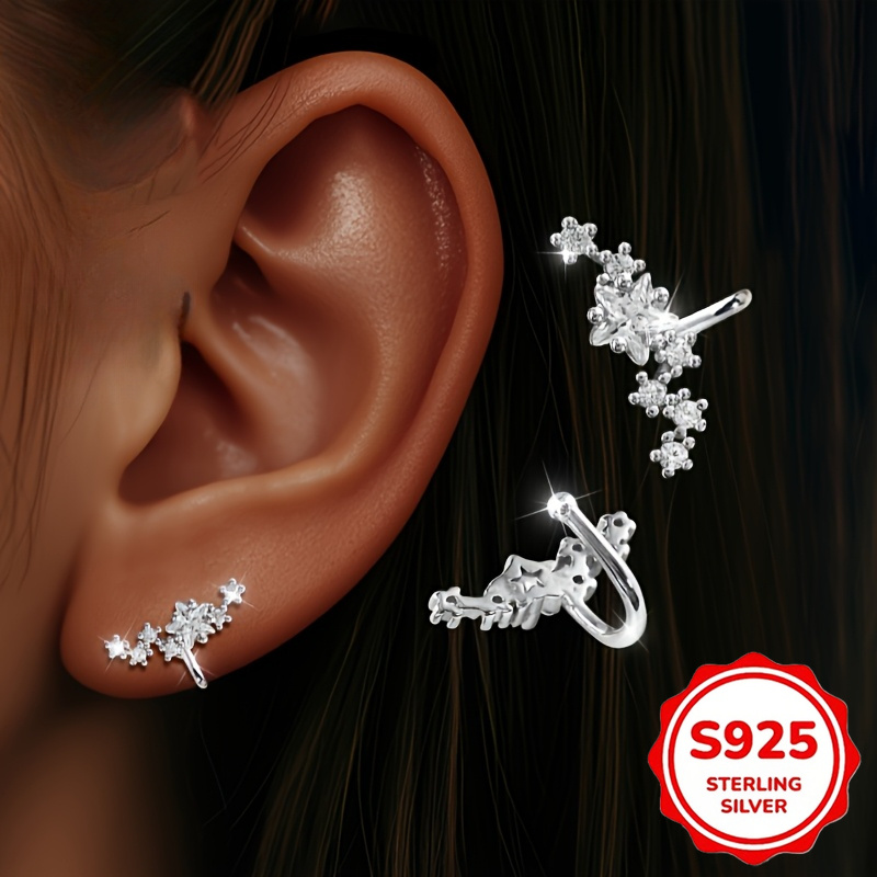 925 Silver Clip-On Stud Earrings with Square Star Row Decoration